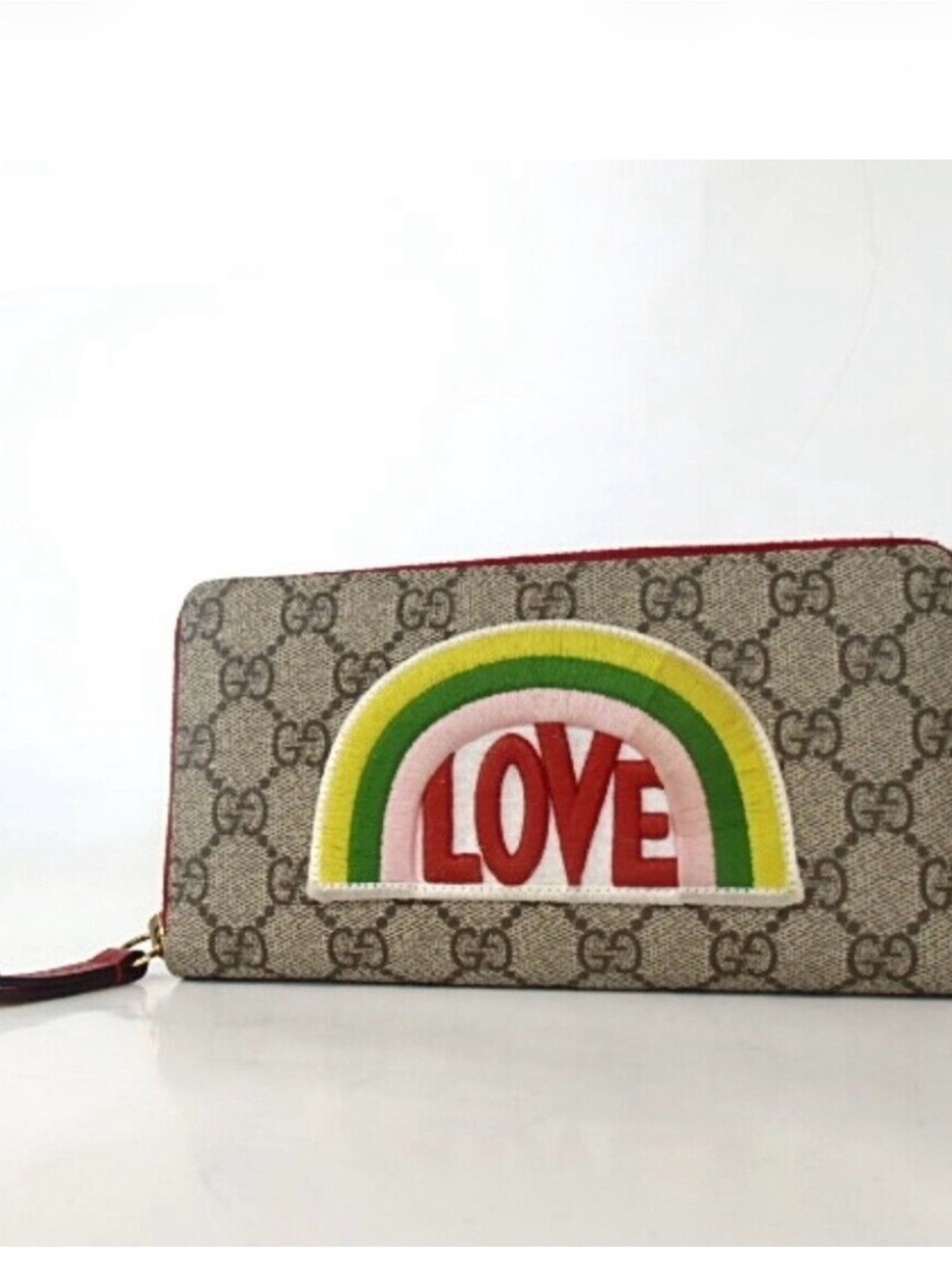 Gucci Beige GG Supreme Wallet with Red LOVE Patch and Multicolor Rainbow
